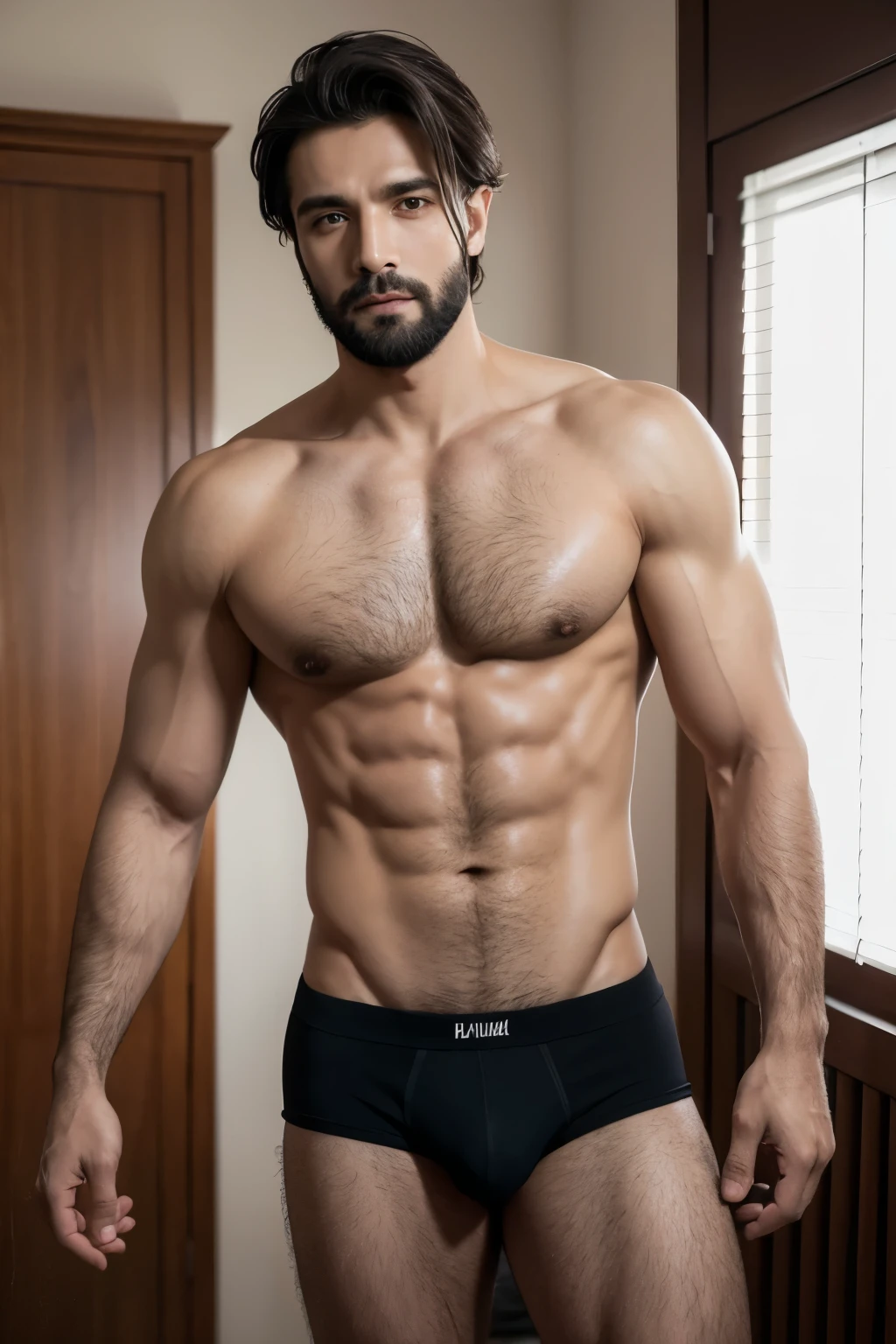 Homem, de cueca, cabelo preto, musculoso, dentro do quarto, melhor qualidade, obra-prima.