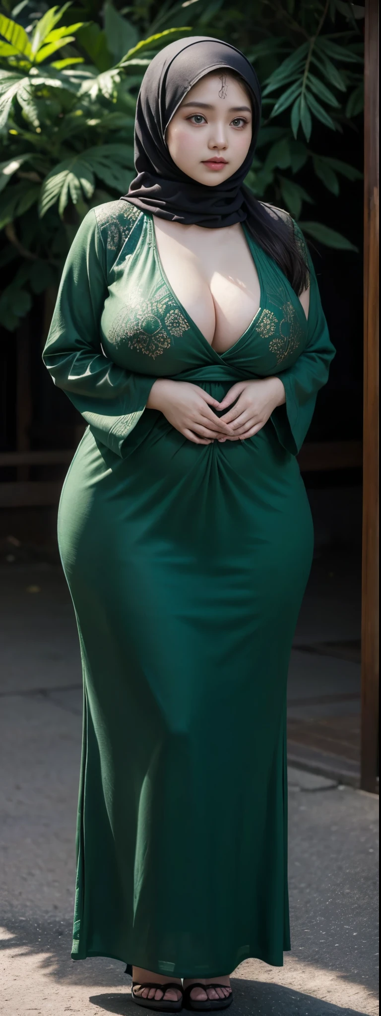 1 malay girl, modern plain hijab, shy, medium portrait, watery eyes, wearing dark green kebaya, ((big breasts)), black bokeh background, well-proportioned body,, chubby massive thighs, full body pose, Hena art on the body, hena art on full body, slightly fat body , voluptuous body , curvy body