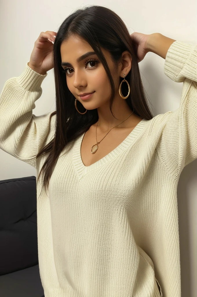 1 garota em, 19 anos, Sozinho, cabelo longo, Colossal , olhando para o espectador, cabelo loiro, Ombros nus, olhos castanhos, jewelry, corpo todo, um colar, fora dos ombros, Sweaters, realista, Uma sexy