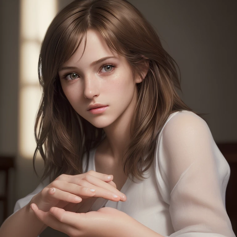 (((medium full shot))), (Masterpiece, photorealistic, photorealism, best quality, ultra-detailed:1.3), (nice hands, perfect hands), official art, cinematic light, (1girl:1.3), adult, 20yo girl, perfect small supermodel, brown hair