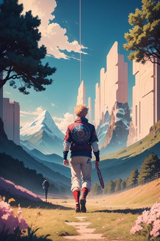 anime, anime, anime art, anime, anime, anime, anime, anime, anime art, anime, beeple and jean giraud, martin ansin, inspired by Josan Gonzalez, alejandro burdisio art, josan gonzales and dan mumford, highly detailed 4 k art, josan gonzales, silvain sarrailh, playing football in a field which is surrounded by mountains and trees