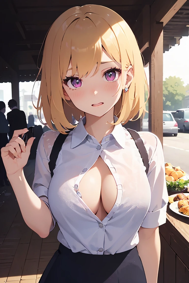 masterpiece, absurdres, best quality, ultra detailed, high Resolution, detailed illustration, bright colour, (extremely beautiful detailed face and eyes, Delicate beautiful face, 1 girl, cute face:1.3), (magenta eyes:1.1), sparkling eyes, big eyes, medium breasts, (perky breasts:1.1), (pointy breasts:1.1), medium hips, glamorous body, white skin, BREAK, long bob cut, (blonde hair:0.8), messy hair, detailed hair, shiny hair, BREAK (buggy casual shirt, middle skirt, down blouse:1.5), perfect lighting, (embarrassed:1.5), (ecstasy, vulgarity:1.5), (trembling:0.8), Food stalls,