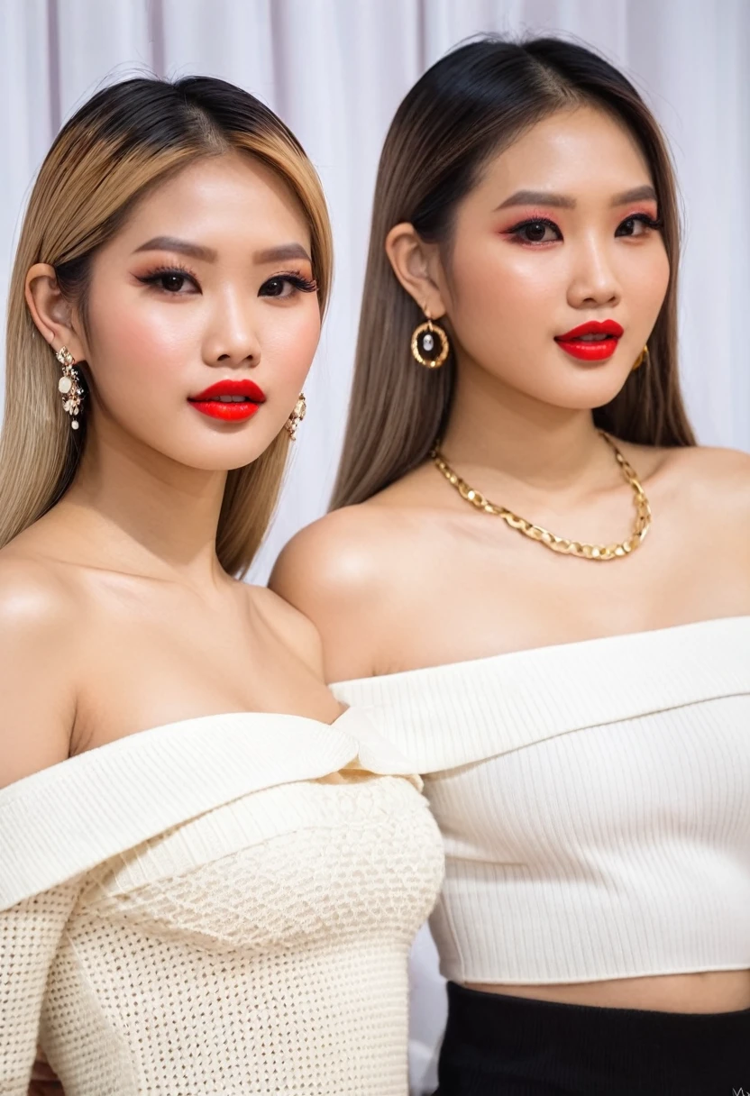 Two pretty and cute Thai girls came in, 19 years old, long smooth hair, looking at the audience, blonde hair, open shoulders, brown eyes, chubby red lips, beautiful slender faces, makeup done by a professional makeup artist. Jewelry, necklace, hoop earrings, off shoulder, sweater, realistic, sexy, close-up half body view.