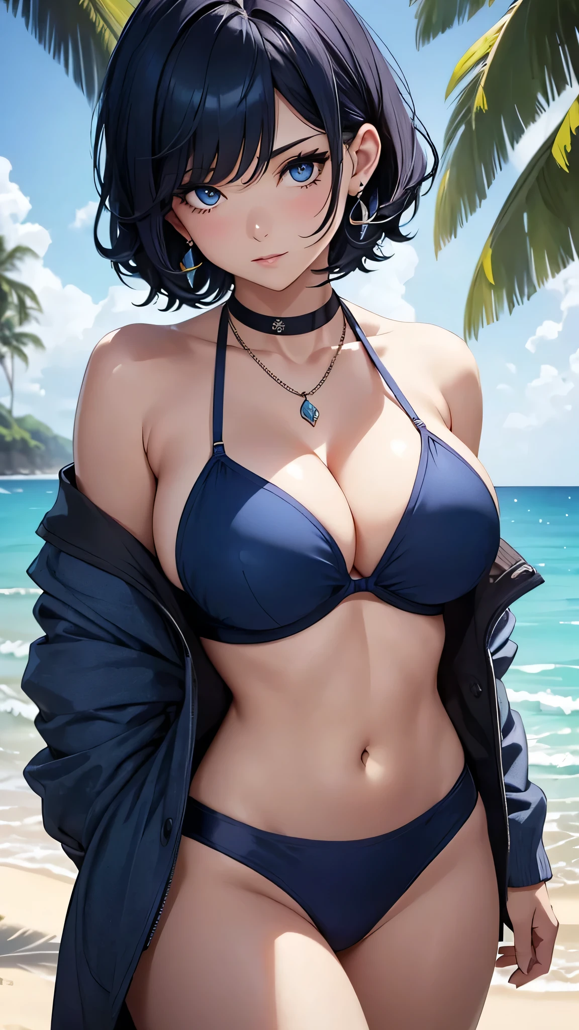 Beauty,Dark blue short hair(Inward Curling Bob) ,blue eyes,Navy blue bikini、Big cleavage、(Big Breasts)、Embarrassed look、Blue Necklace、Blue earrings、background(Beach)