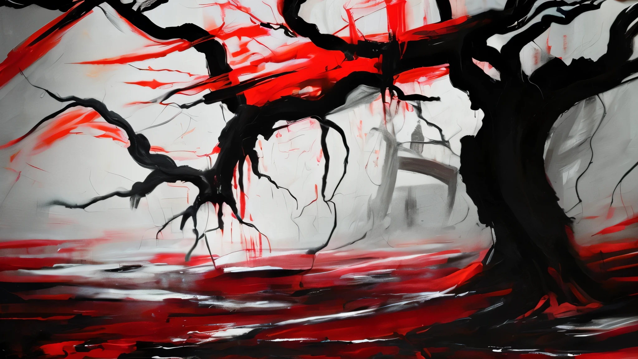 a chaotic, visceral masterpiece:1.2, intense, aggressive themes, distorted figures, abstract expressions, haunting imagery, dark undertones, heavy texture, atmospheric, high contrast, raw emotion, chaotic composition, frenzied brushstrokes, blood red hues, harsh lighting, dissonant color palette, surreal elements
