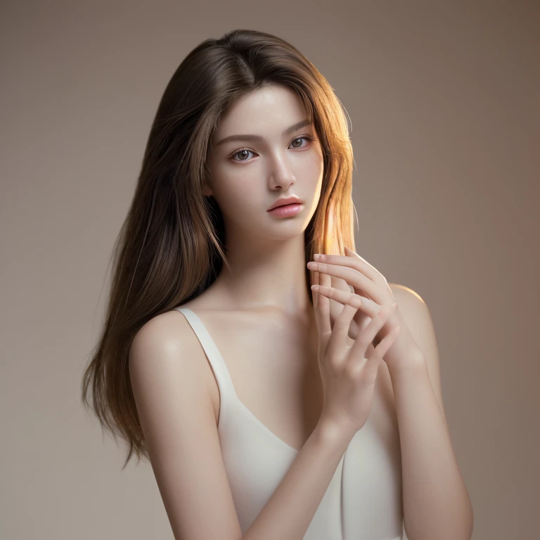 (((medium full shot))), (Masterpiece, photorealistic, photorealism, best quality, ultra-detailed:1.3), (nice hands, perfect hands), official art, cinematic light, (1girl:1.3), adult, 20yo girl, perfect small supermodel, brown hair