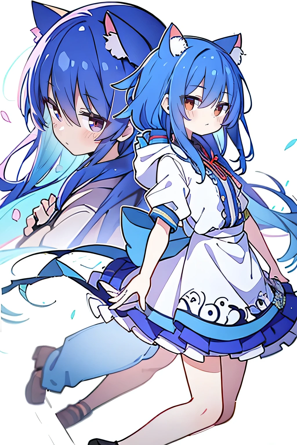 (masterpiece:1.uper detailed,lifelike,Expressive eyes,fair skin,perfect face shape,1 girl,
Japanese comics,Gorgeous blue hair,flowing blue hair,flowing clothes,Cat ears,Petals fall,beautiful lola,Baby Angel,
Shaking head with one hand,Cross your legs,Gentle and peaceful background,The pavilion is cool and comfortable,smile, wearing hoodie, background of tokyo,back views,snowing, winter.