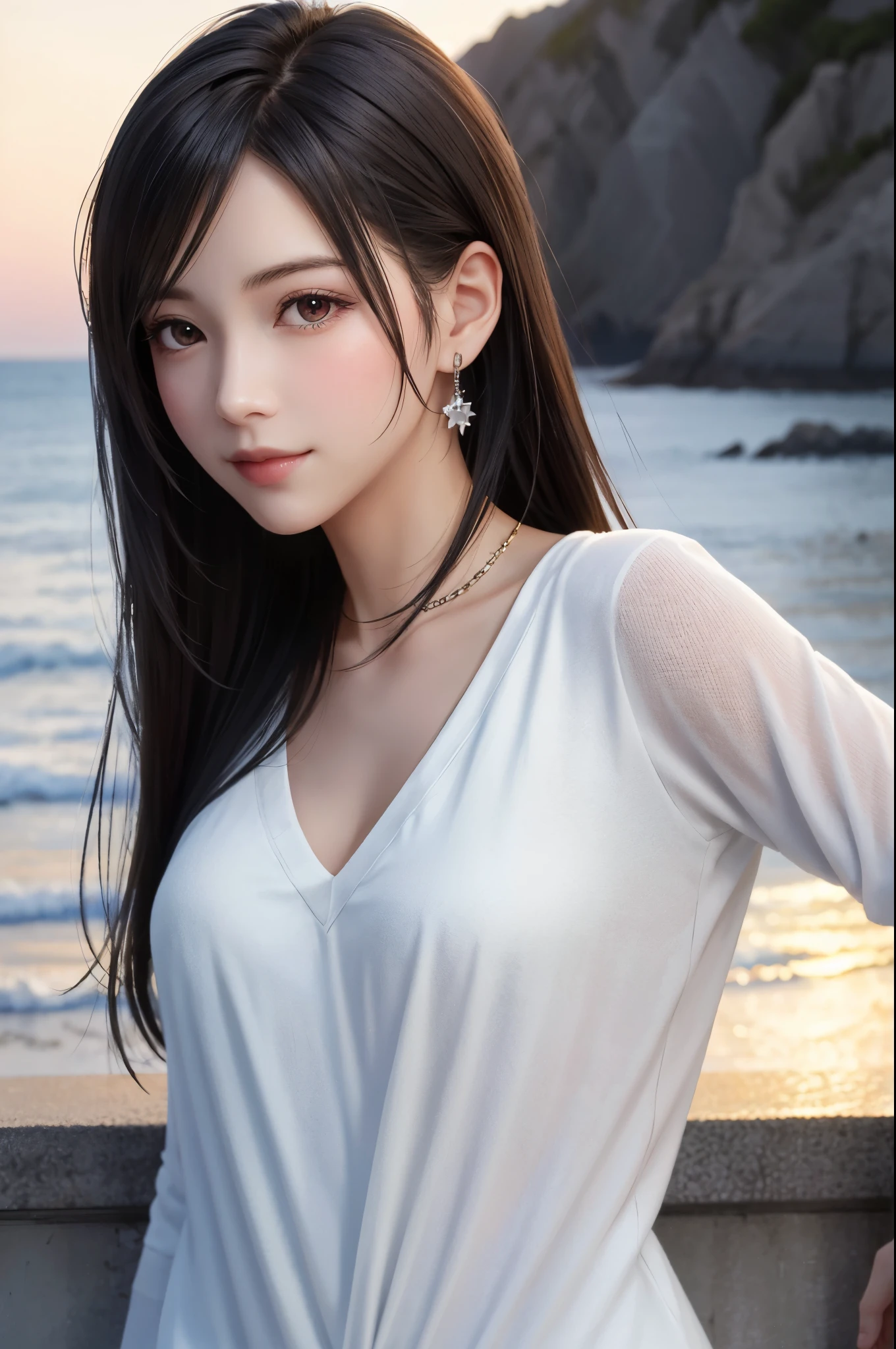 {Top Quality, Masterpiece}, (Realistic: 1.3), Wallpapers, ultra high res, ultra high quality, BREAK {{{FF7,Tifa_lockhart, solo}}},{Ultra-detailed face, Detailed Red eyes},(black Brown Hair, Large breasts: 1.0),(Imaginative Macanese Female Page, background is Unique seaside, at Sunrise), BREAK {wearing oversized loose sweater, Exquisite cloth, white Clothes}, clothed, (No Bra) ,(shiny oiled skin: 1.1), about 18 years old, BREAK {smile, kawaii},{{model pose}}