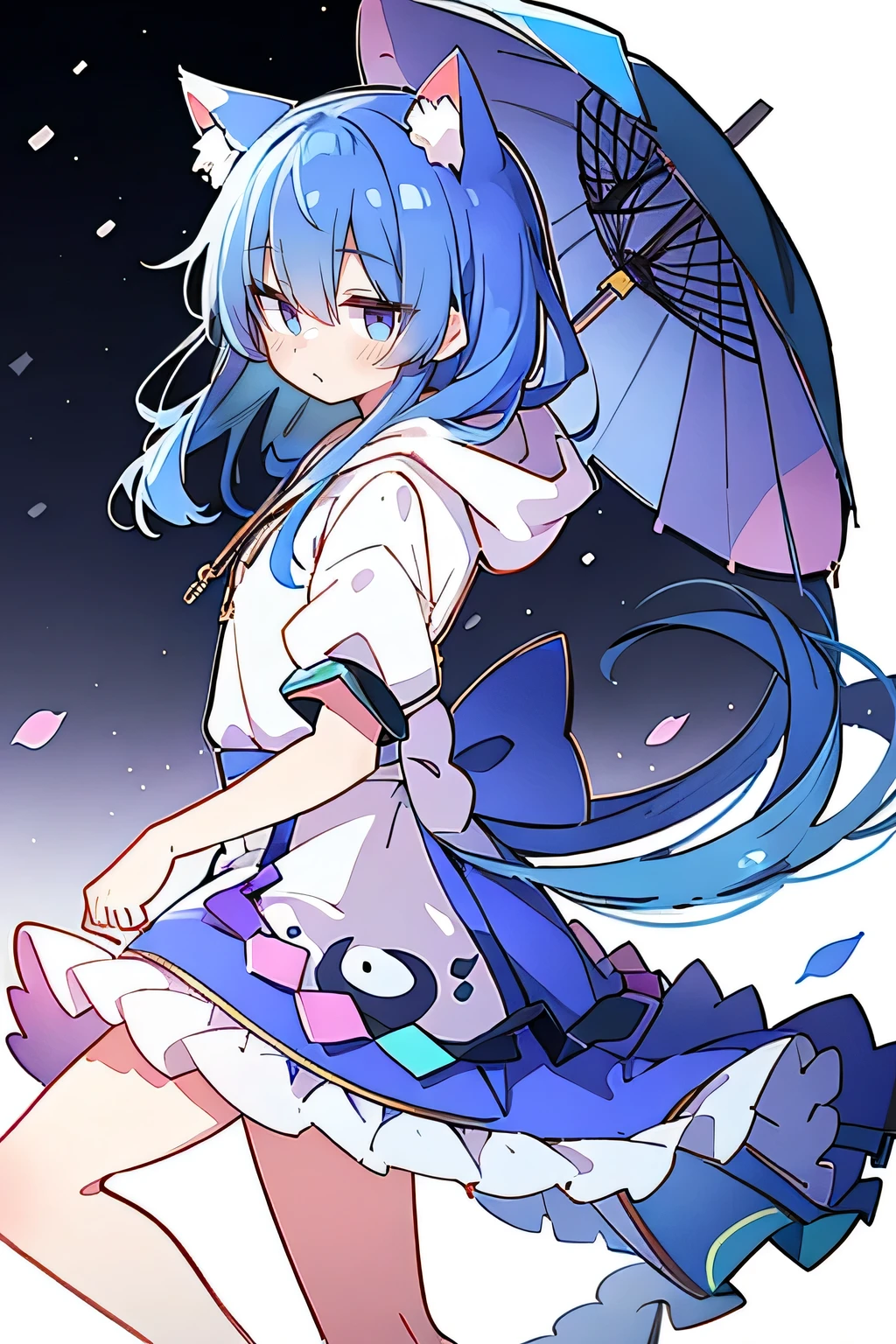 (masterpiece:1.2),Super detailed,lifelike,Expressive eyes,fair skin,perfect face shape,1 girl,
Japanese comics,Gorgeous blue hair,flowing blue hair,flowing clothes,Cat ears,Petals fall,beautiful lola,Baby Angel,
Shaking head with one hand,Cross your legs,Gentle and peaceful background,The pavilion is cool and comfortable,smile, wearing hoodie, background of tokyo,back views,snowing, winter.