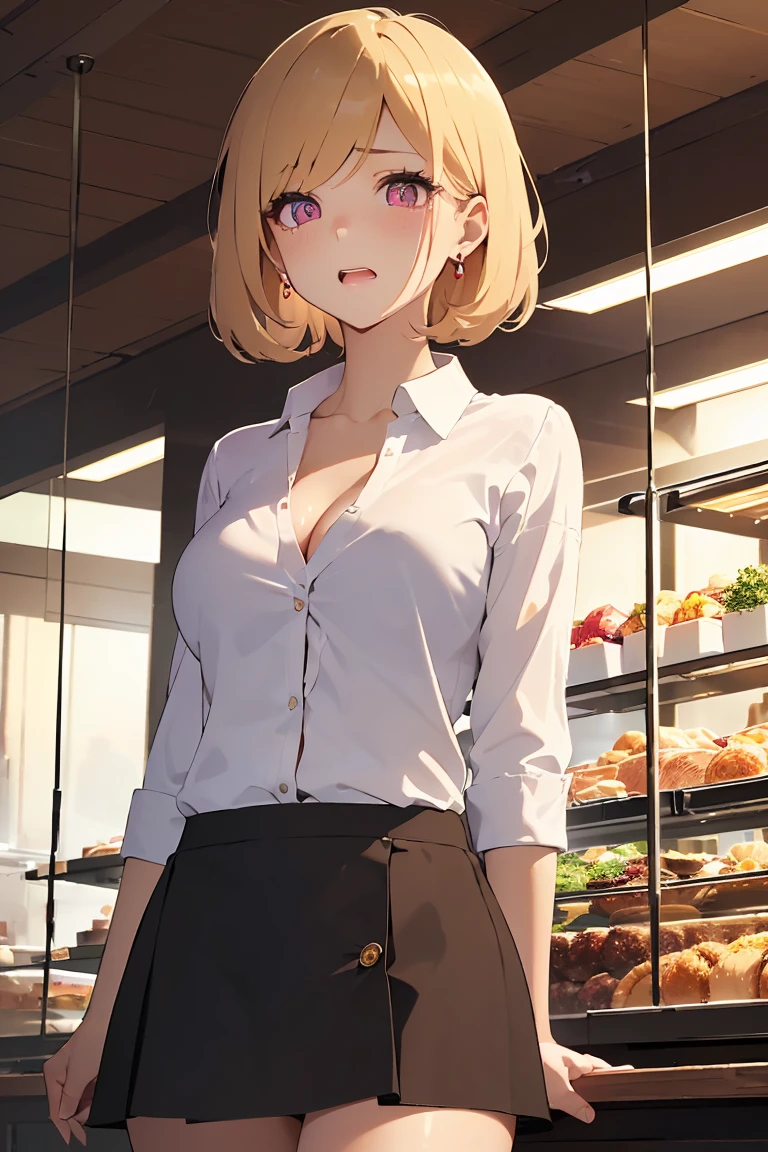 masterpiece, absurdres, best quality, ultra detailed, high Resolution, detailed illustration, bright colour, (extremely beautiful detailed face and eyes, Delicate beautiful face, 1 girl, cute face:1.3), (magenta eyes:1.1), sparkling eyes, big eyes, medium breasts, (perky breasts:1.1), (pointy breasts:1.1), medium hips, glamorous body, white skin, BREAK, long bob cut, (blonde hair:0.8), messy hair, detailed hair, shiny hair, BREAK (buggy casual shirt, middle skirt, down blouse:1.5), perfect lighting, (embarrassed:1.5), (???????, vulgarity:1.5), (trembling:0.8), Food stalls, tourist spot,