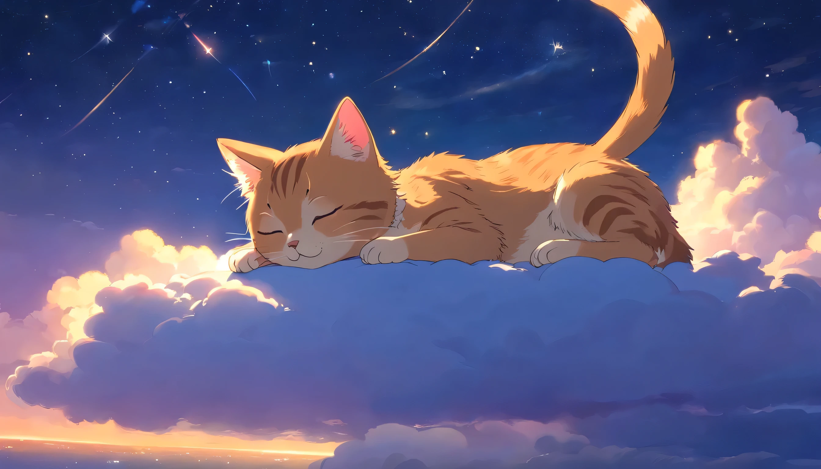 A very cute and tiny cat is sleeping happily.。It's a very beautiful night view.。The stars shine brightly。Kitten sleeping on a cloud。Kitten with a happy look