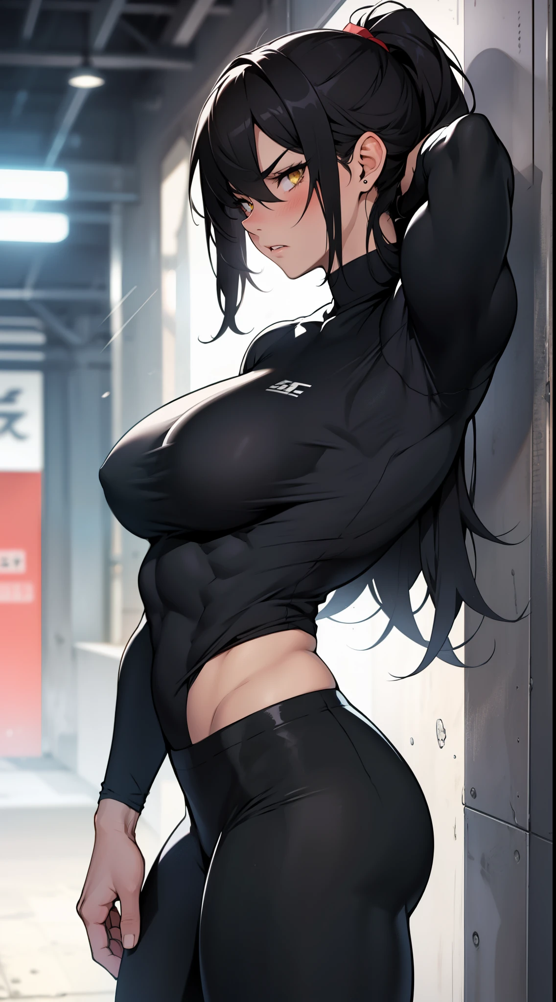 1girl solo black hair yellow eyes very long hair pale skin muscular muscular muscular muscular toned body huge muscles thick thighs girl tight clothes angry blushing messy hair leggings tight shirt long sleeves thick thick thick thick thick thick