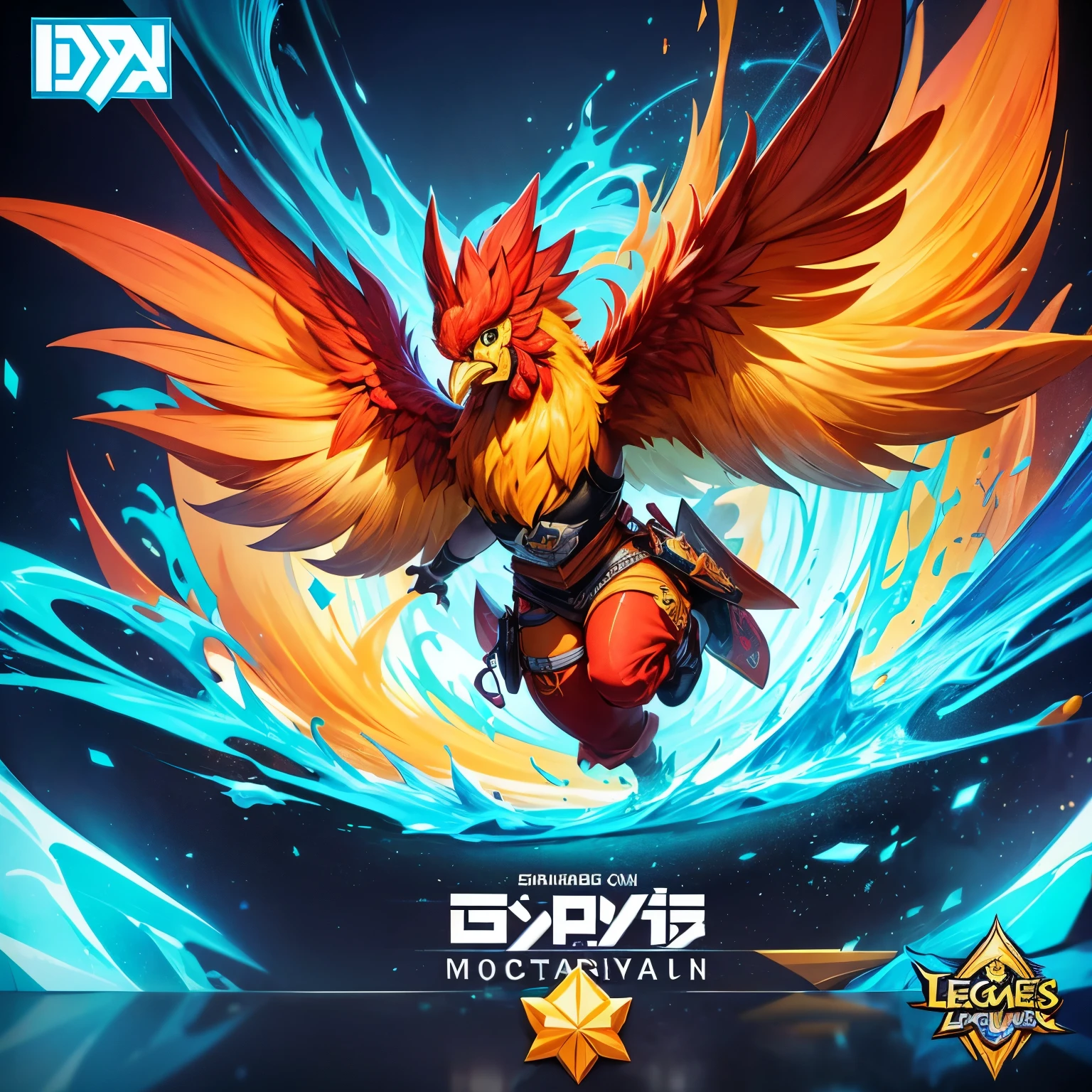 Design a vibrant 3d gaming logo dengan seorang karakter game Mobile legenda bagian belakangnya cahaya menyala, in the middle it says &quot;Reckless Chicken&quot;, background logo putih