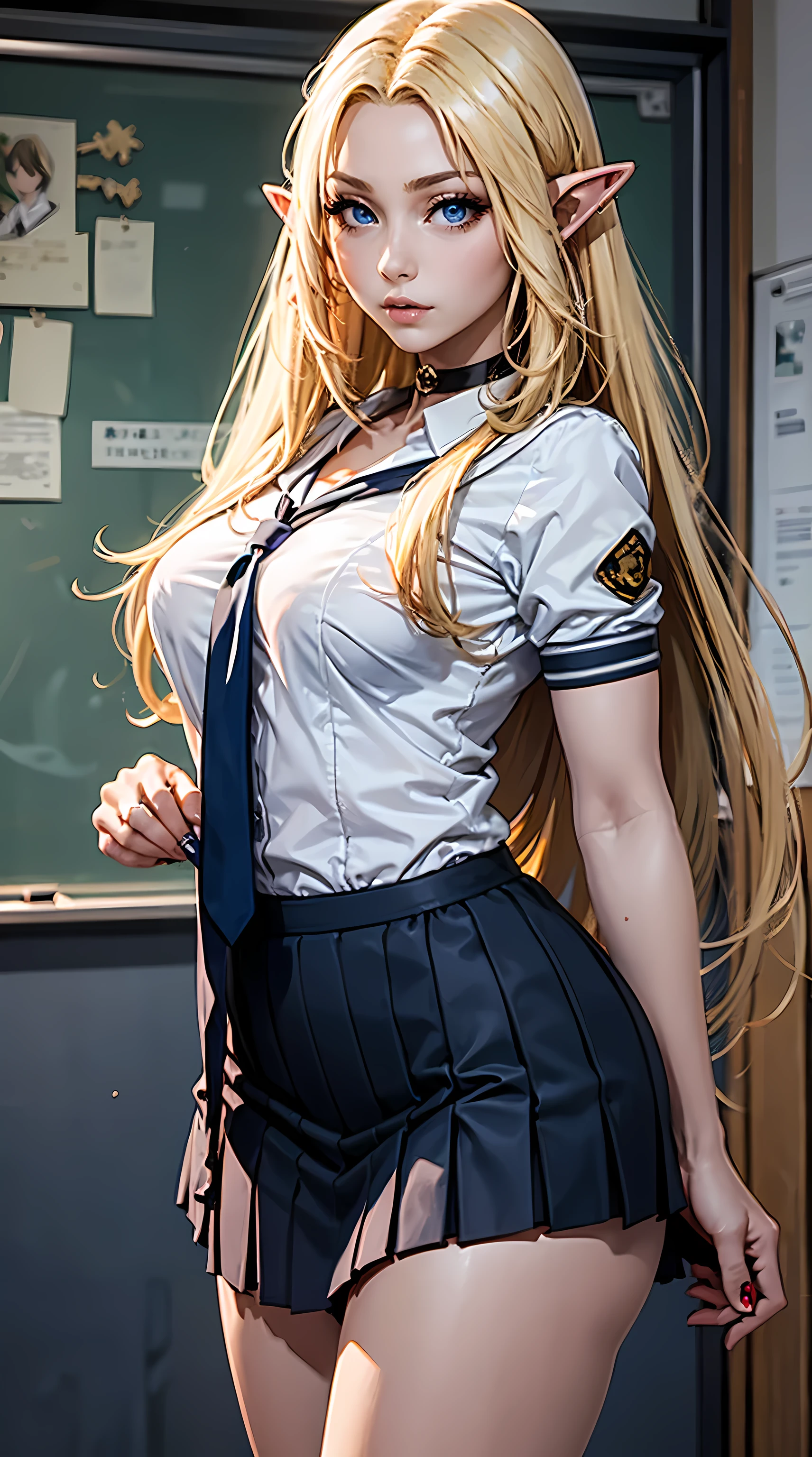 Beautiful long blonde hair woman is shown to have a sexy figure, she is wearing a Japanese school girl uniform, choker, sexy look, pointy ears, blue eyes, girl in a classrom,sexy session, sexy pose, cowboy shot, superior quality, many details, realistic