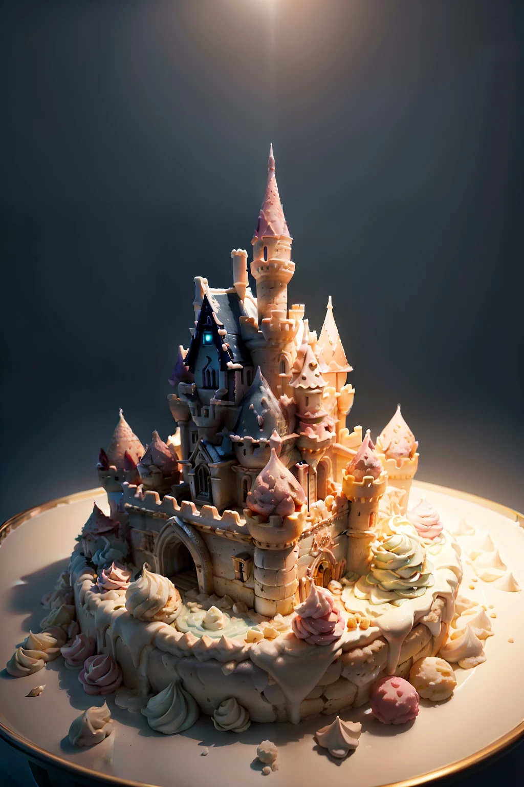 tmasterpiece，best qualityer，spotlight lights，Light effect，inverted image，icecream， Serve the ice cream in a glass，tray，ice cubes，spooning，Realistic and detailed images，Castle shape