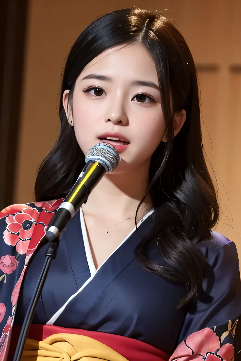 ((highest quality)), ((masterpiece)), (detailed), Perfect Face,kimono,girl,singer,microphone,whole body,black hair