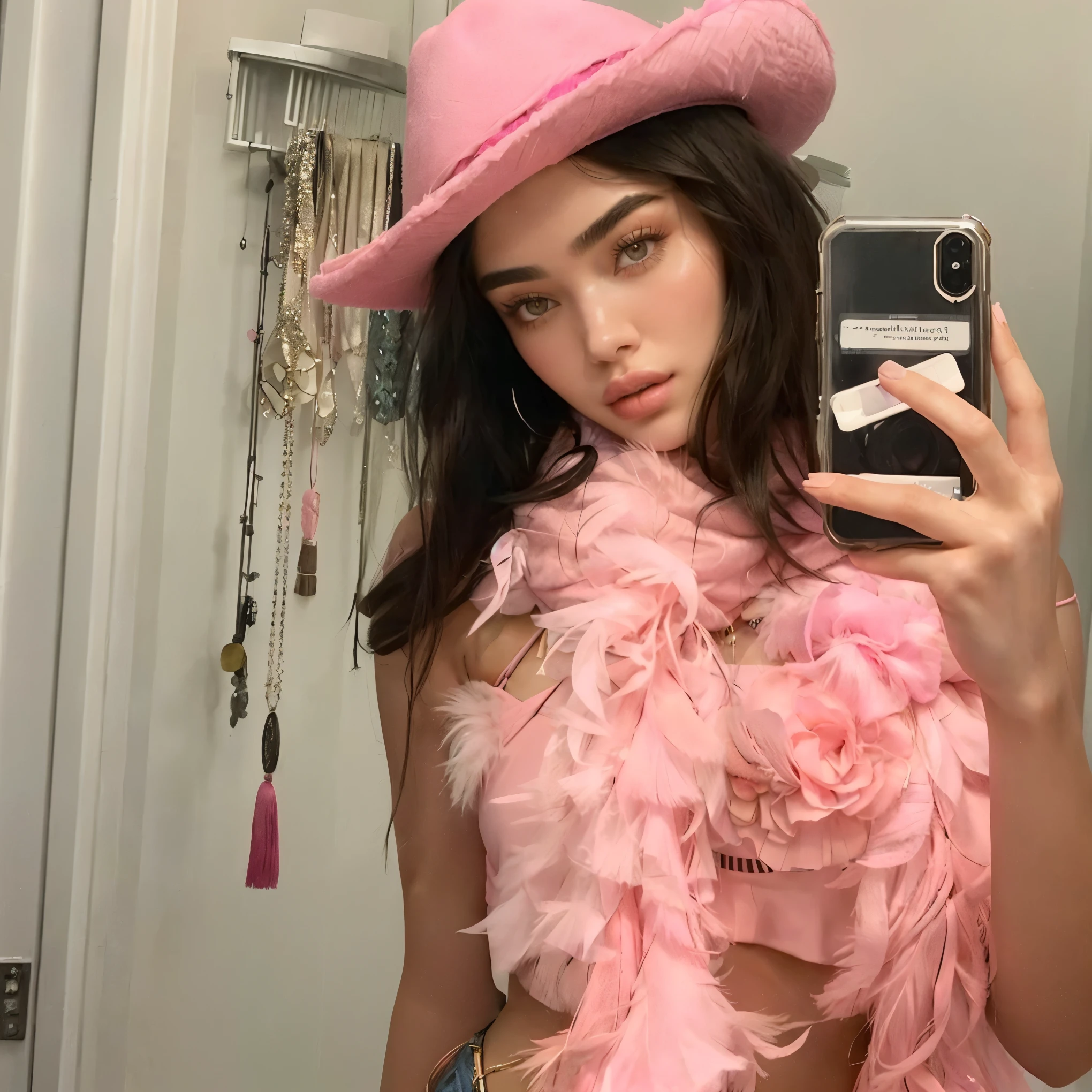 araffe woman in a pink hat and feathered scarf taking a selfie, madison beer, dua lipa, soft devil queen madison beer, pink cowboy hat, :: madison beer, kendall jenner, bella poarch, wearing a chocker and cute hat, with hat, bella hadid, pink clothes, bralette, olivia culpo, victoria's secret model