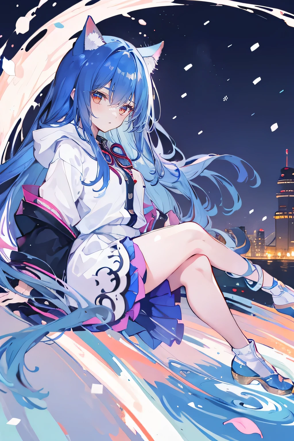 （masterpiece：1.2），Super detailed，lifelike，Expressive eyes，fair skin，perfect face shape，1 girl，
Japanese comics,Gorgeous blue hair,flowing blue hair,flowing clothes,Cat ears,Petals fall,beautiful lola,Baby Angel,
Shaking head with one hand，Cross your legs，Gentle and peaceful background，The pavilion is cool and comfortable,smile, wearing hoodie, background of tokyo,back views,snowing, winter.