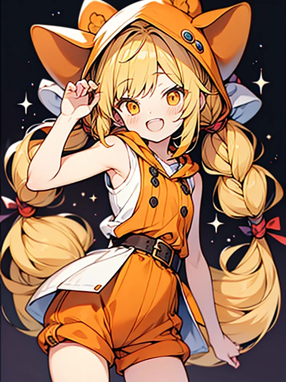 beautiful anime style,bear ears,little orange riding hood,
honey blonde braided twintails hair,orange sleeveless witch clothes,short pants,striped tights,laugh,