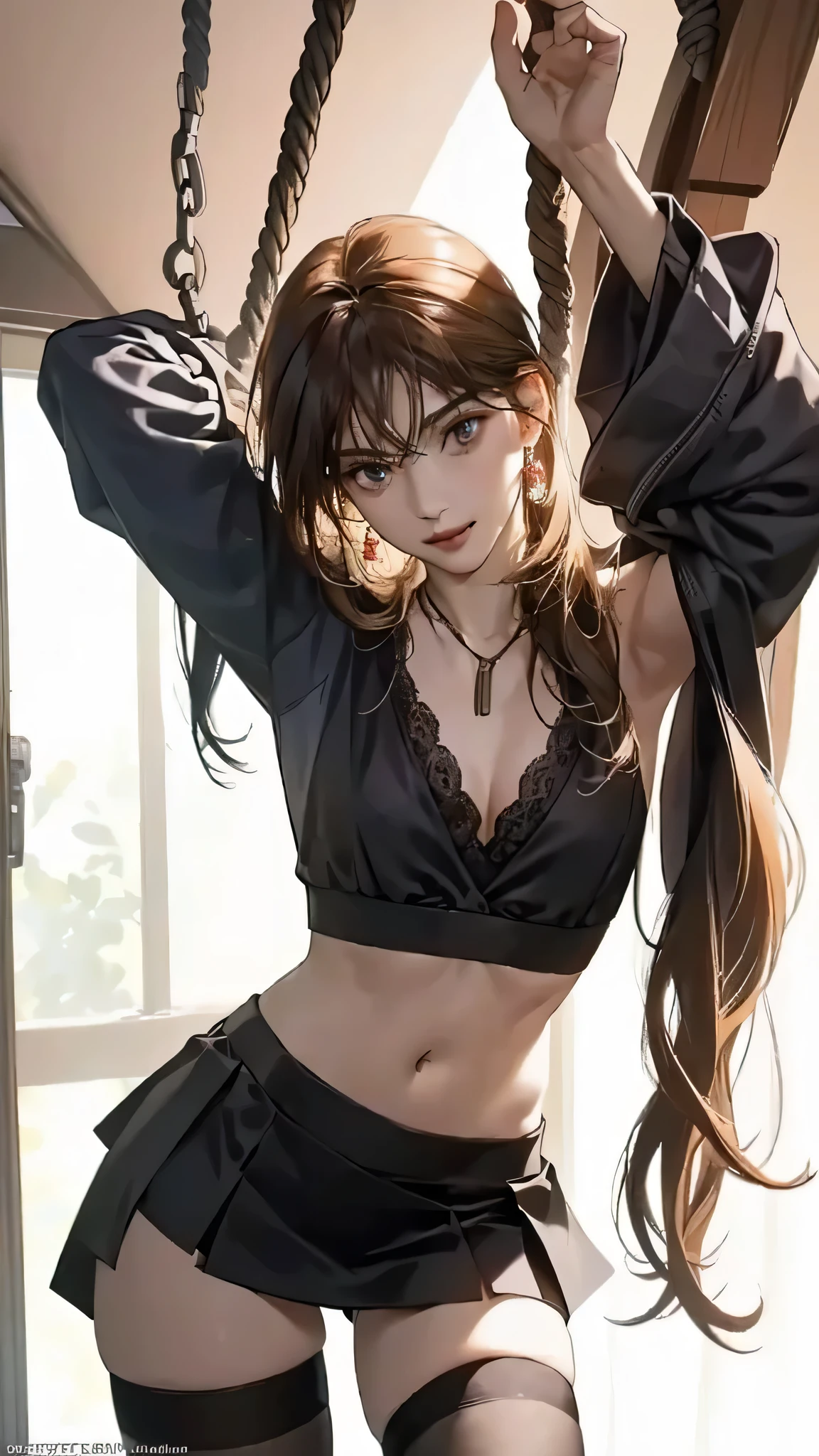 (in 8K、RAW shooting、top-quality、masuter piece:1.2)、ultra-detailliert、ultra res、(realisitic、rialistic photo:1.37)、portlate、high-definition RAW color photography、Professional Photography、highly detailed and beautiful、ighly detailed、8K Picture Wallpaper、amazing detailed、huge filesize、Official art、Highly detailed CG Unity 8K wallpapers、highly detailed beautiful girl、extra detailed face、extremely detailed eye、highlydetailed skin、extremely detailed fingers、highly detailed nose、very detailed detailed mouth、Perfect Anatomy、Detailed background、Detailed clothing、1 girl、(20:1.2)、in her 20s、Cute s、Realistic body、、de pele branca、glistning skin、Slim body、A dark-haired、((short-hair))、((poneyTail))、(well-groomed bangs: 1.4)、kawaii faces、Lifelike face、Delicate eyes、Sauce order、((Stylish office))、((Officelady))、(((no-bra)))、(((blancheYThe shirt)))、(((Female breasts are exposed.)))、((Black mini skirt))、((Black stockings))、((standing athletic pose))、((Strong men:1.5))、((Man hugging woman from behind、Grabbing a woman's breast))、((Men with all-back hair))、((Girl hanging from the ceiling with her arms tied by a rough rope))、perspiring、((Ropes tied her body))、a wet body、Rough rope that cuts into the crotch、A large amount of fluid flows out of the crotch、Torn bra、Wet clothes、One leg is hoisted above by a rough rope、tied up with ropes、Strongly tied up、Hands tied、legs hanging in shackles、((srestrained))、((opens legs))、((FULL BODYSHOT))、earrings、a necklace、A bracelet、((Face turned to the side))、((Look at the men))、Contrapo、Dynamic Lighting、((D cup with firmness))、((cleavage of the breast))、((Look behind you))、((Writhing expression))、