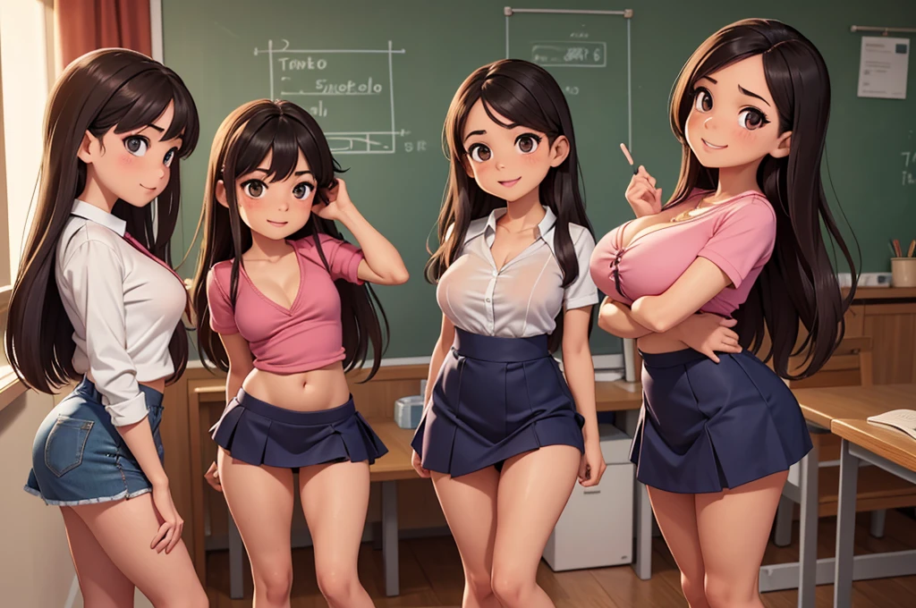 Ultra realistic , three girls, obra maestra, mejor calidad, alta calidad, defined, detailed, HD, (piel morena), ojos definidos, ojos cafes intensos, long eyelashes, small mouth, sonrisa, :D, very long hair, pelo liso, pelo oscuro, cuerpo reducido, bosom barely contained, big breasts, sexy, posando foto, estudio, mini skirt rosa, sin sostenes, no bra, excitada, pezones erectos, libros, sentada, leyendo, nice view, full body, nice body, pink, camisa blanca, camisa ajustada, abierto, mojada, sudada, caliente, tight, sonrojada, nice legs, no socks, sin flequillo, peinada hacia atras, teacher big breasts, pose lasciva, girl changing clothes, petites, no skirts, horny, back view