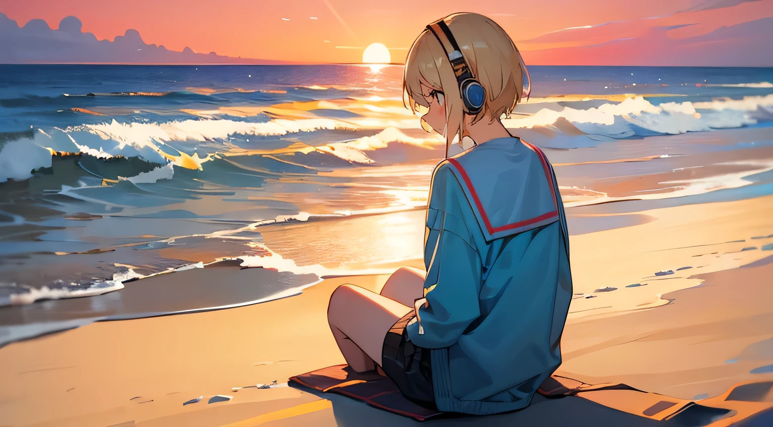 A woman sits on the beach and looks at the sea, She has short blonde hair and is listening to music on headphones, looking away:1.4, Holding a beer in his hand, he watches the sunset, My back looks lonely, There&#39;s nothing in the sky, Clouds and a little bit of starry sky、starry skies