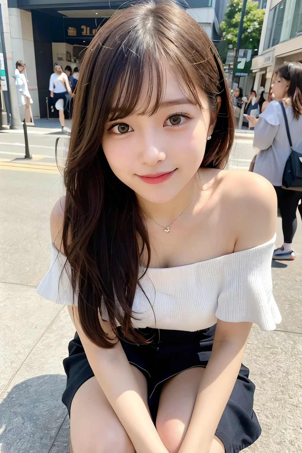 High resolution, highest quality, Perfect dynamic composition, Fine and beautiful eyes, Off the shoulder、Shiny Hair、Medium Hair, Natural color lip, university student、Harajuku、smile、Crouching、M-shaped legs