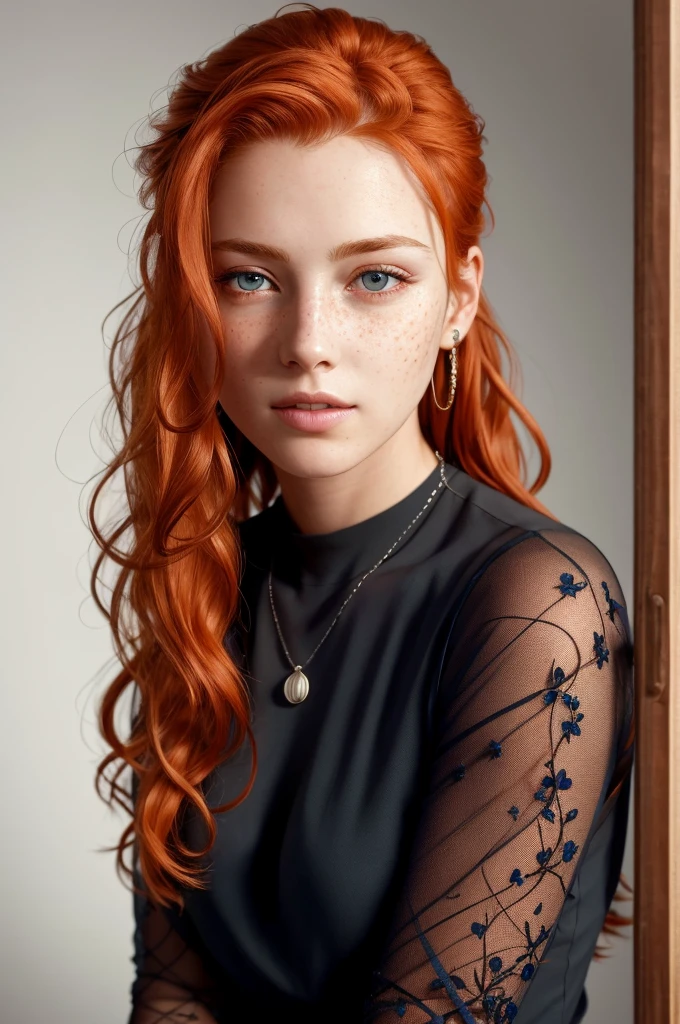 (8k, RAW photo, highest quality),(epic realistic:1.5), a girl, dynamic posture,erotic face, blouse,(detailed eyes:0.8),(looking at the camera:1.4), (highest quality), (best shadow),intricate details,cinematic,((skin:1.4)),interior, (long flowing ginger hair:1.3),dark studio,(hdr:1.5),detailed, muted colors, freckles, silver necklace, silver earring, long flowing wavy hair, smooth hair, hair down, hair pulled back