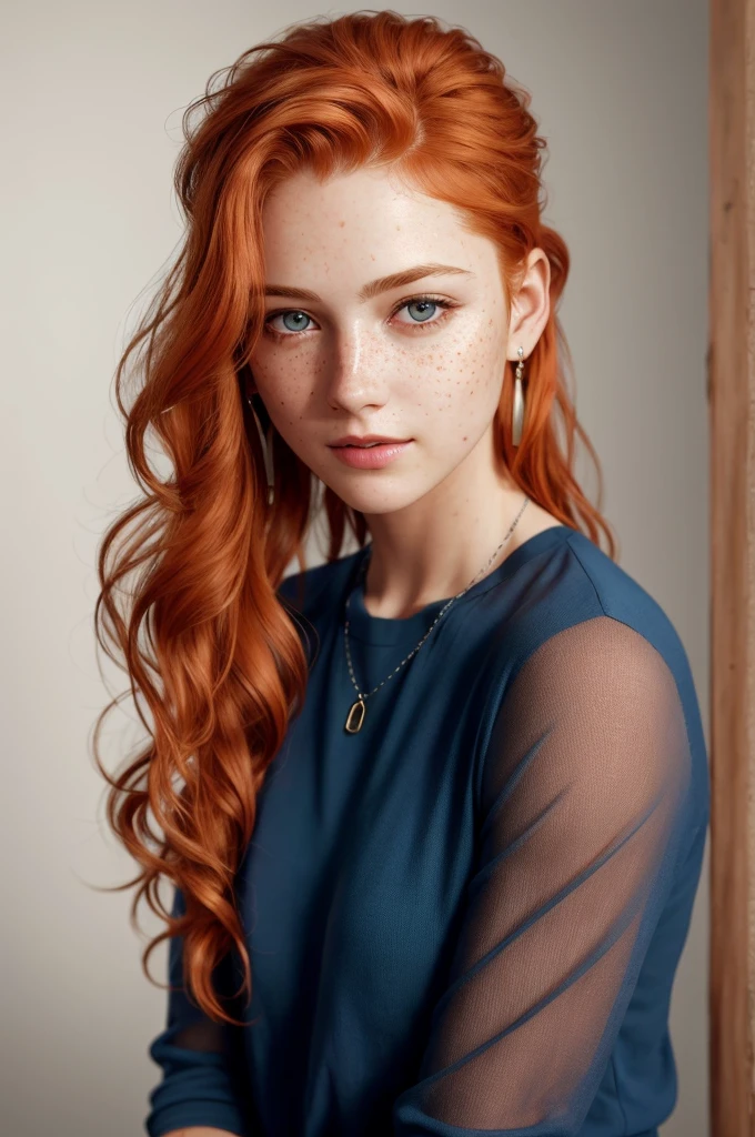(8k, RAW photo, highest quality),(epic realistic:1.5), a girl, dynamic posture,erotic face, blouse,(detailed eyes:0.8),(looking at the camera:1.4), (highest quality), (best shadow),intricate details,cinematic,((skin:1.4)),interior, (long flowing ginger hair:1.3),dark studio,(hdr:1.5),detailed, muted colors, freckles, silver necklace, silver earring, long flowing wavy hair, smooth hair, hair down, hair pulled back