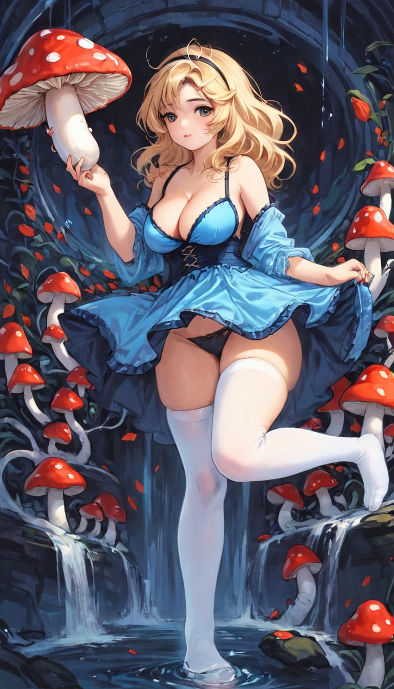 a beautiful 20 year old blonde woman with big messy hair in a blue dress, white stockings, black headband, cleavage, holding a glowing mushroom, fantasy art style, rossdraws cartoon vibrant, alice x. zhang, alice in wonderland cyberpunk, cute detailed digital art, colorfull digital fantasy art, digital fantasy art ), glossy digital painting, rossdraws pastel vibrant, rossdraws 2. 5, rossdraws 1. 0