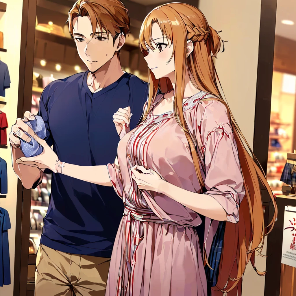 ((highest quality)), ((masterpiece)), (detailed), Perfect Face、（Yuuki Asuna）、(Woman has brown hair)、((女は男の腕に抱きつきながらcloth shopで買い物をする))、((男は女を抱き寄せcloth shopで買い物をする))、The woman is dressed casually、Man dressed casually、((The man has a strong body and a big dick and balls))、(The woman looks happy）、cloth shop