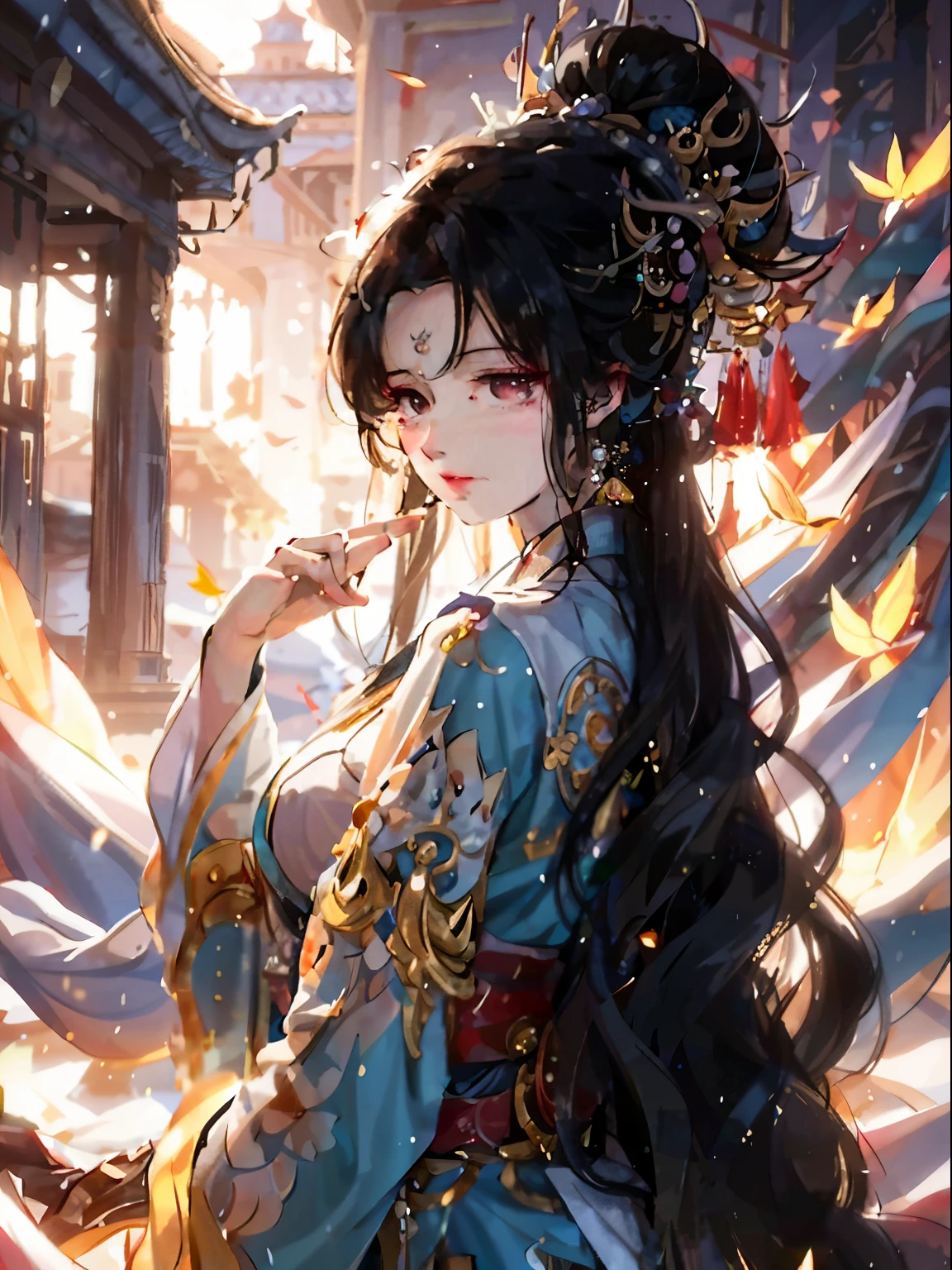 A woman with long hair and a blue dress stands in front of a building, Beautiful character painting, palace ， Girl wearing Hanfu, Long flowing hair and robes, beautiful fantasy queen, Beautiful anime woman, Beautiful and attractive anime woman, Guviz-style artwork, beautiful anime artwork, Beautiful fantasy anime, long hair anime girl