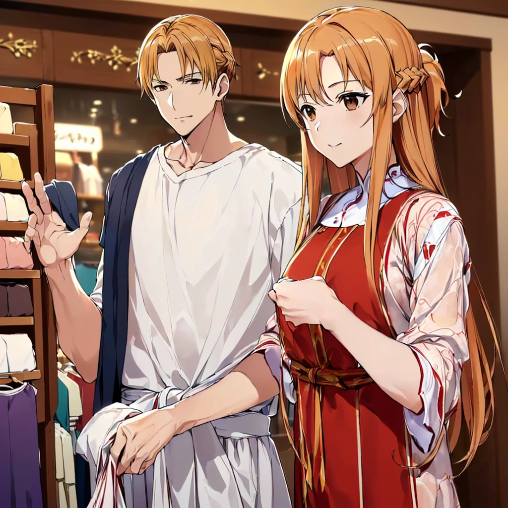 ((highest quality)), ((masterpiece)), (detailed), Perfect Face、（Yuuki Asuna）、(Woman has brown hair)、((女は男の腕に抱きつきながらcloth shopで買い物をする))、((男は女を抱き寄せcloth shopで買い物をする))、The woman is dressed casually、Man dressed casually、((The man has a strong body and a big dick and balls))、(The woman looks happy）、cloth shop