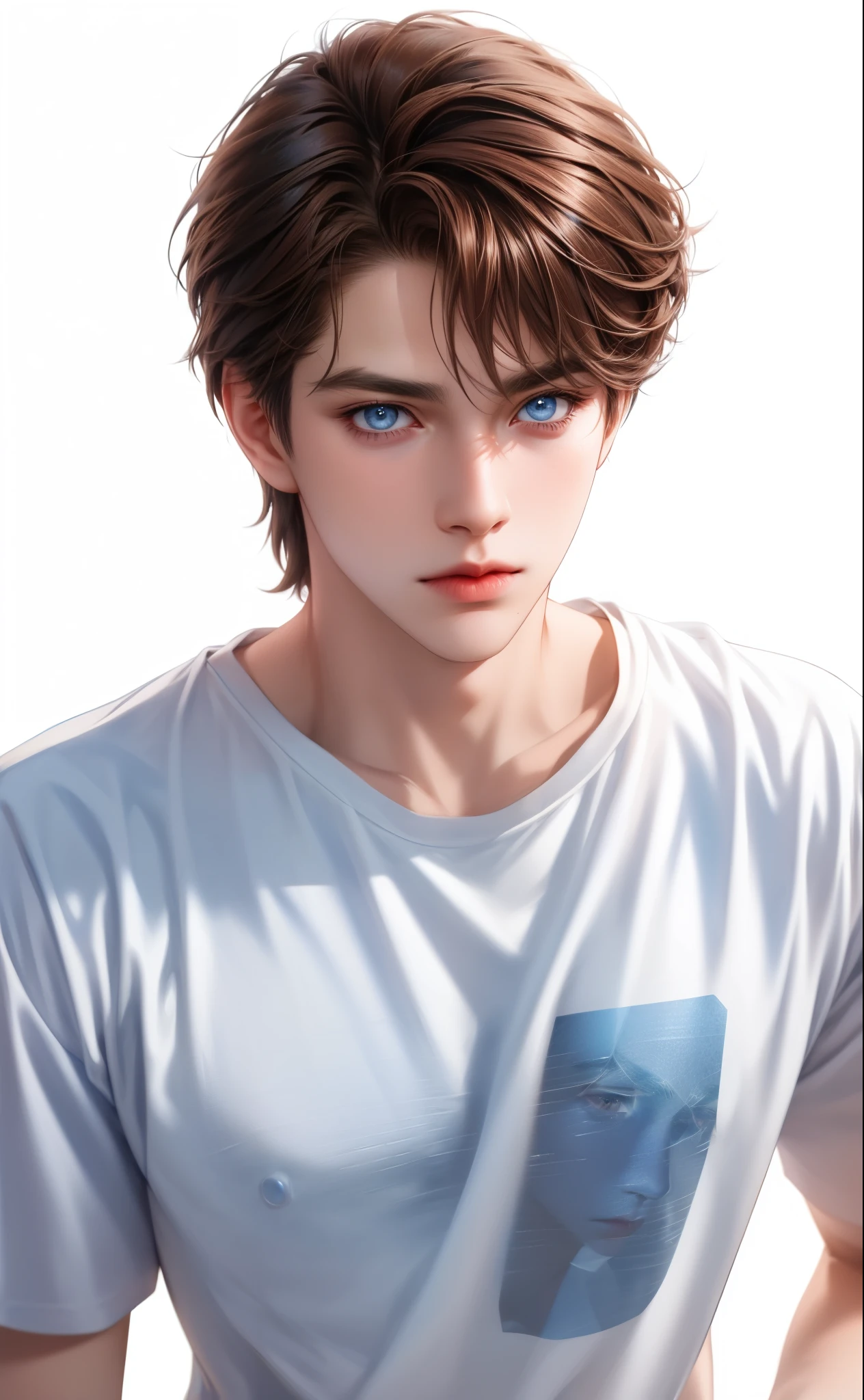 Boy, brown hair, blue eyes, sharp features, white skin, t-shirt