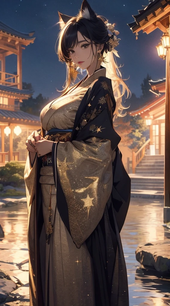 masterpiece, high quality, 4K, Beautiful design, Shiny, from the front, Award-winning photo, Very detailed, wonderful, Finer details,  Very knowledgeable woman, Very detailed  一人で, 1 female,Cat ear，  Shiny, Big Breasts，Big Breasts，Big Breasts，kimono，kimono，, Abdomen is visible ,  Night view，Garden at Night，Starry Sky，full moon，Gold embroidery,  
