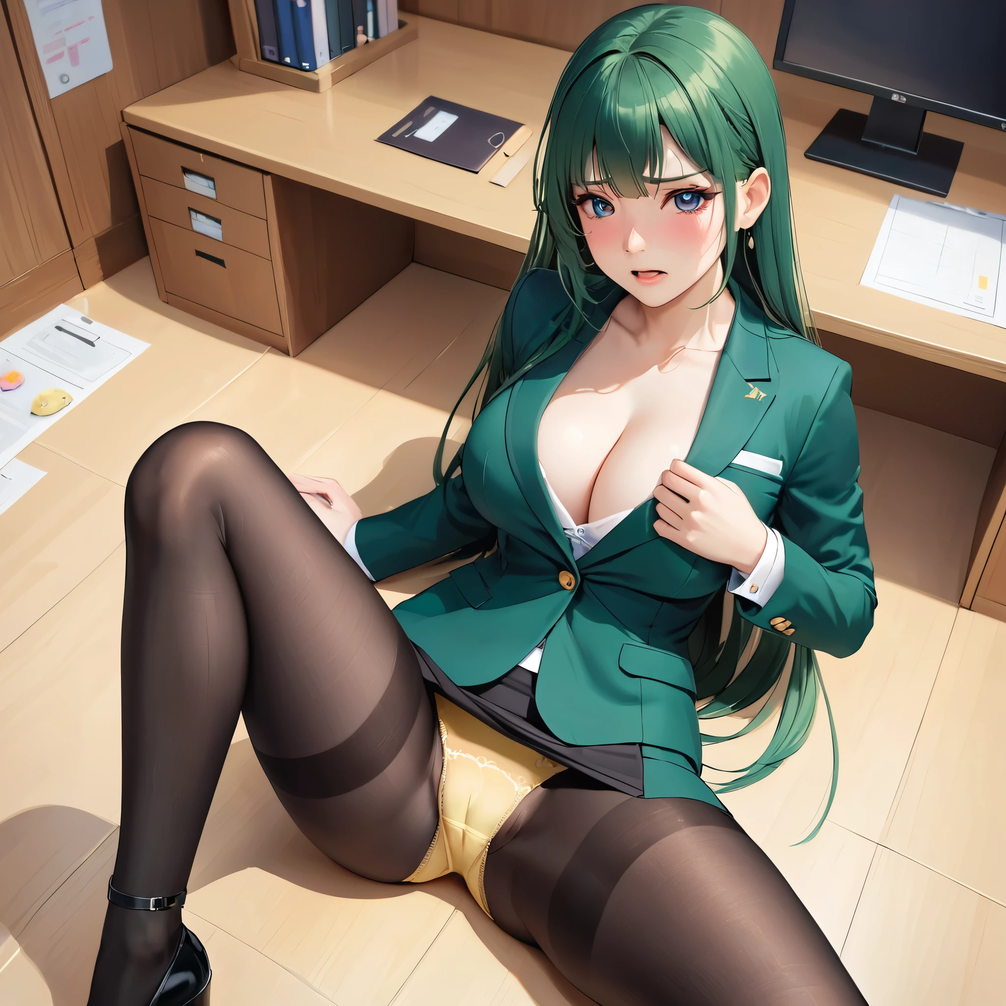 1girl, magical girl, panties,skirtlift,((upskirt)),((pantyshot)),(yellow panty),((Small panties)),(((See-through panties))),(((black pantyhose))),white race panty, ,Are crying,Anguished expression、Embarrassed look,8k,Realistic、Anime illustration,CG、masterpiece, best quality, 1 girl, solo, large breasts, long hair, dark green hair, gray eyes, office staff suit, jacket, pencil skirt, panties under black pantyhose, (show off panties:1.1), embarrassed, spread legs, sitting, office