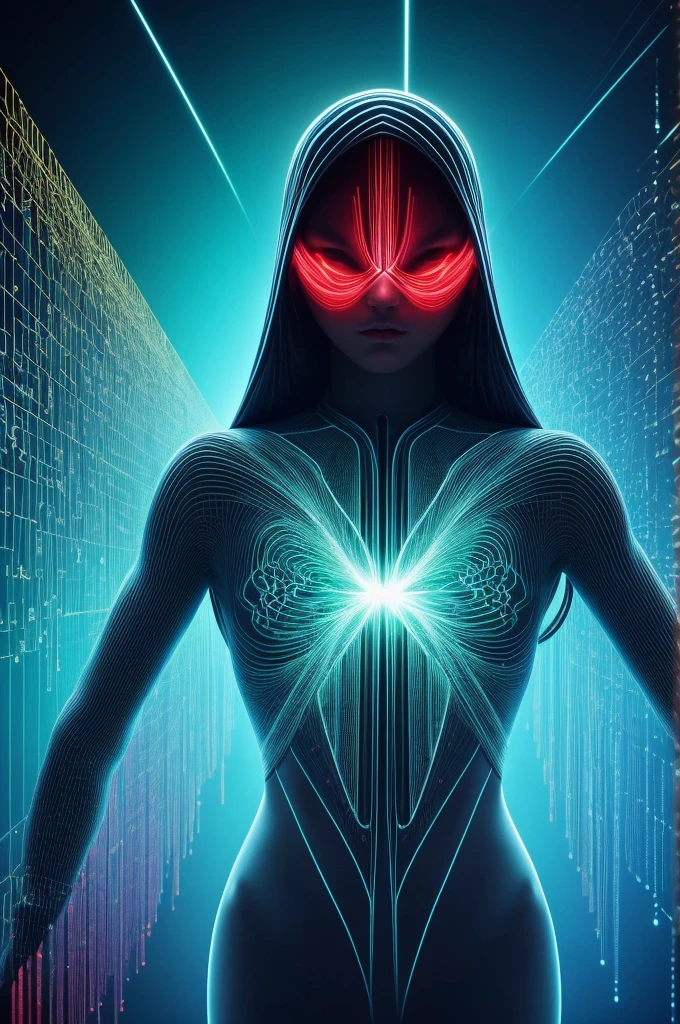 Half Body. high quality, 8K Ultra HD,woman,The whole body is surrounded by a series of blue binary codes, Curved lines and patterns, Weaving together,Creating a fusion of technology and art, Background with binary code, Hues range from electric blue to bright green, Most popular。
