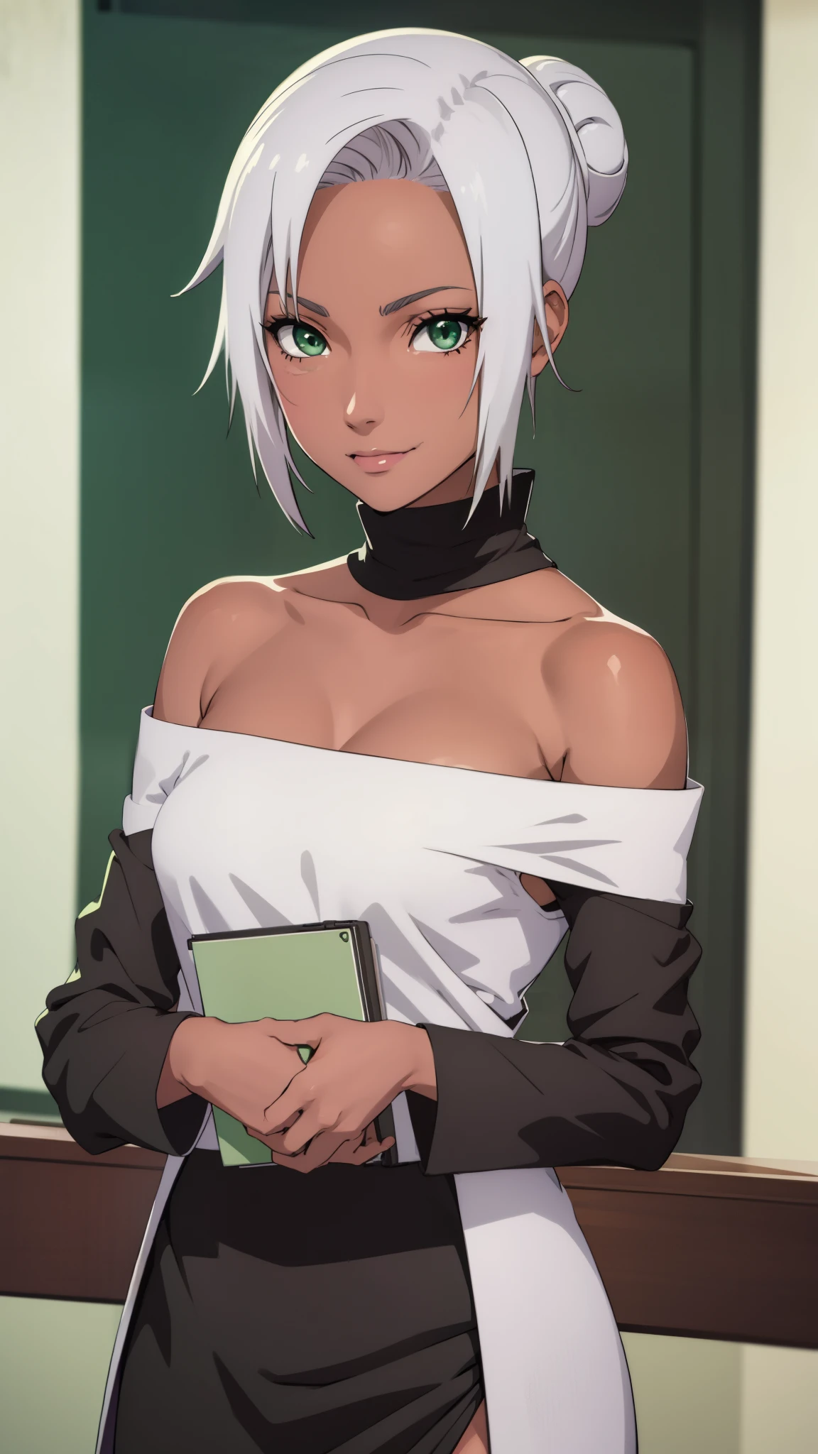 only girl, plum, Mabui, short detailed hair, (green eyes: 1.2), white hair, bun, dark-skinned woman, black off-shoulder outfit, smile, looking at camera,