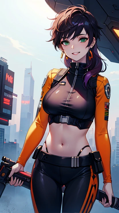 Gwen Tennyson,Tracer,Bulma,Rebecca Chambers,Overwatch,1 Girl,Sunlight,close up,Cyberpunk City,space ship,planet, The Mandalorian,military uniform,Bounty Hunter Gear,Green Long Sleeve Lycra Top,Military leggings,Long hair,silver earrings,Exposing belly,Holding a blaster, Gothic Makeup,Green Eyes,Orange Hair,purple hair highlights,Shy laugh, ,Large Breasts,beautiful girl,Large Breasts,Ultra Detailed,Practical,Fantasy Art,Exposing belly部,belly button,belly button眼,Exposing belly