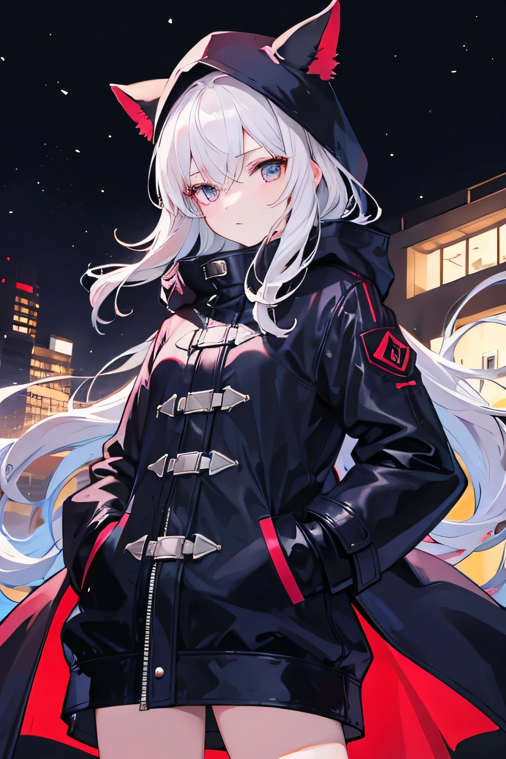 1girl,nightcity,Sateen,coat large,Put your hands in your pockets,8k