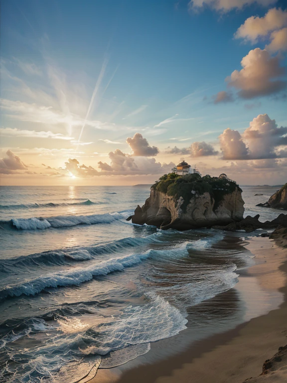 Uma paisagem natural de uma bela praia com vista para o mar, pedras, Retro sunset, nuvens fofas, praia arenosa, splendid, pintura a tinta, volumetric lighting, arte de parede