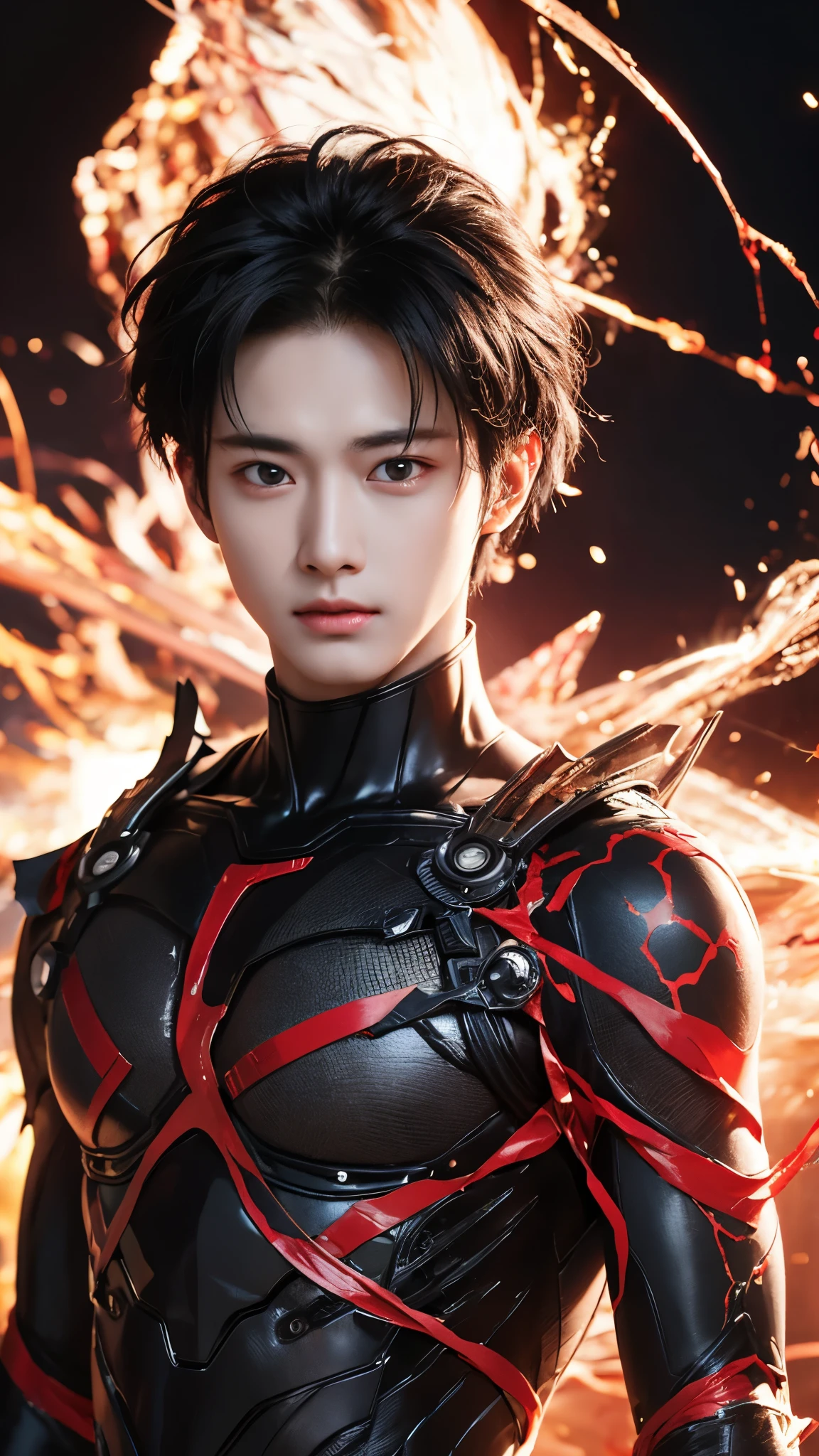 "Enjoy a visual feast as you witness the astonishing transformation of handsome 20-year-old Saitama, a being of unparalleled strength and captivating aura. With brilliant short-cut black hair and red eyes penetrating, this energetic person will surprise you."