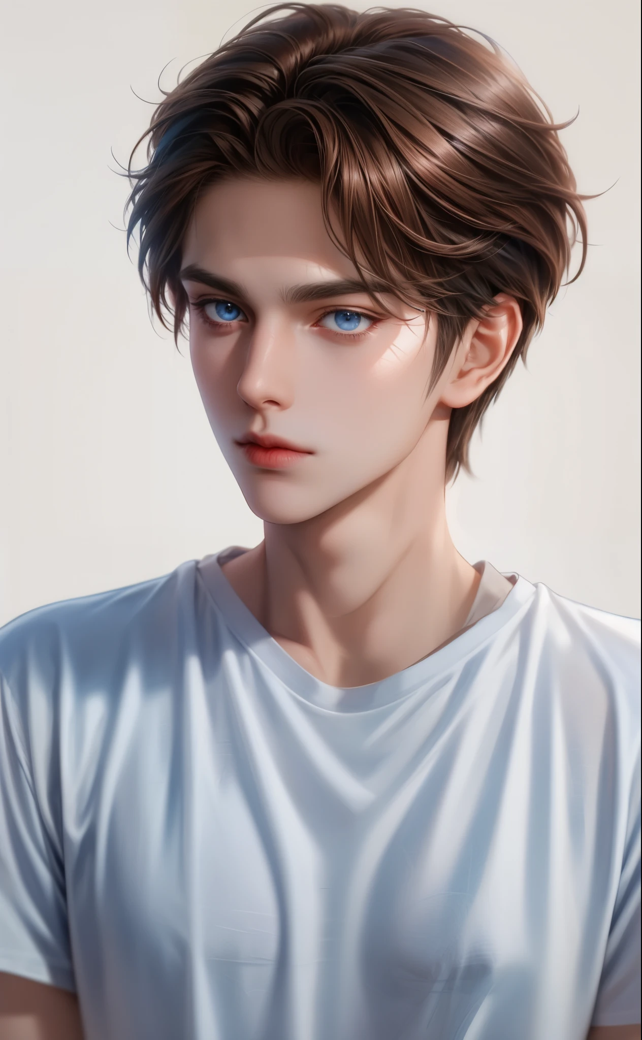 Boy, brown hair, blue eyes, sharp features, white skin, t-shirt