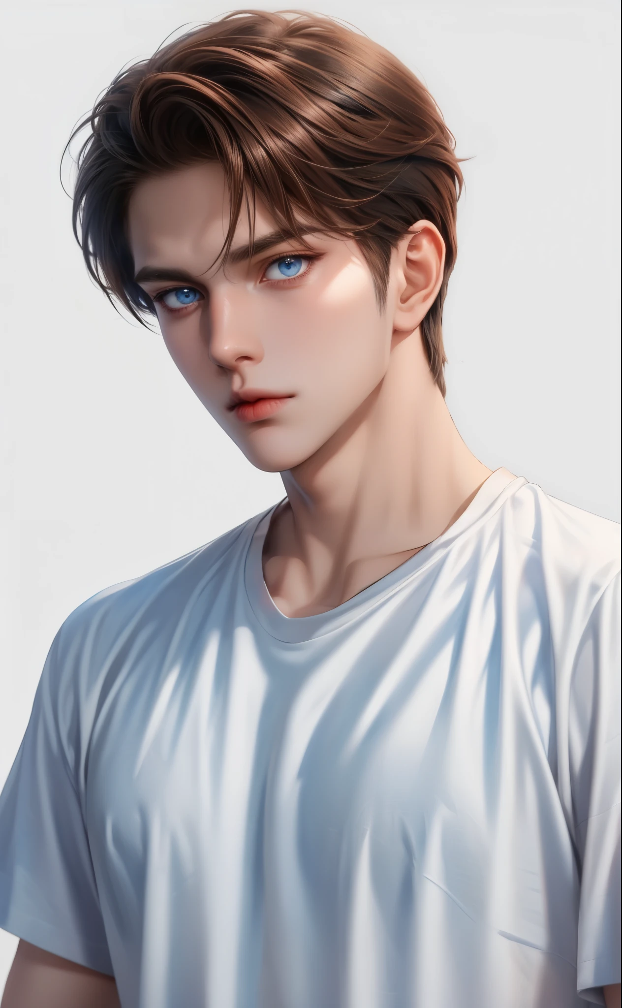 Boy, brown hair, blue eyes, sharp features, white skin, t-shirt
