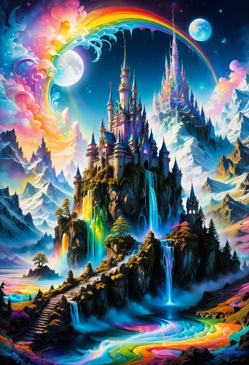 Dream Castle, aesthetic, Masterpiece, IcePunk! an rainbow ice castle made of rainbow ice sitting on top of an rainbow ice covered mountain :: magical moon shines overhead :: by Tim Burton Josephine Wall Monet Carne Griffiths :: 3d :: freeze time :: blue image :: dream :: it is emitting a bright glow :: frostbite :: the palace of AI :: gothic art :: magical realism :: fantasy castle :: surreal :: RAINBOW ICE"