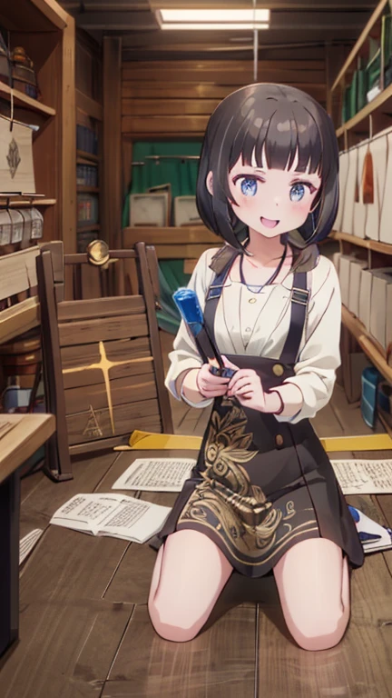 (fantasy:1.5),(anime,8k,masterpiece, top quality, best quality,beautiful and aesthetic:1.2,professional illustrasion:1.1,ultra detail:1.3,perfect lighting),extremely detailed,highest detailed,incredibly absurdres , highres, ultra detailed,intricate:1.6,(Alchemy Workshop:1.4),A girl mixing,Medicine in many small bottles,holding small potion,colorful:1.4,zentangle,(1girl),(girl),(Three kingdoms female warload),(highly detailed beautiful face and eyes,firm breasts),oily skin,((black,hair,short bob with short pony tail hair)),thin pubic hair,cute,lovely,,alchemist costume,Merchant's Clothing,smile