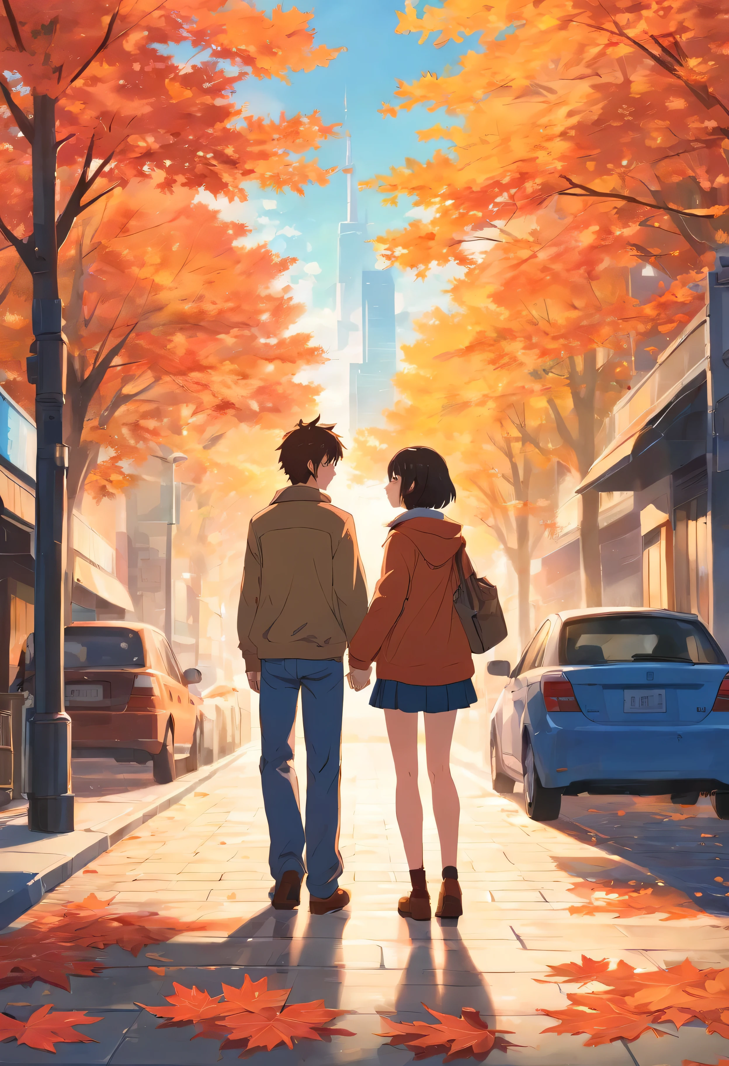 Um homem e uma mulher estavam de frente um para o outro,the background is the street,Folhas de bordo caem