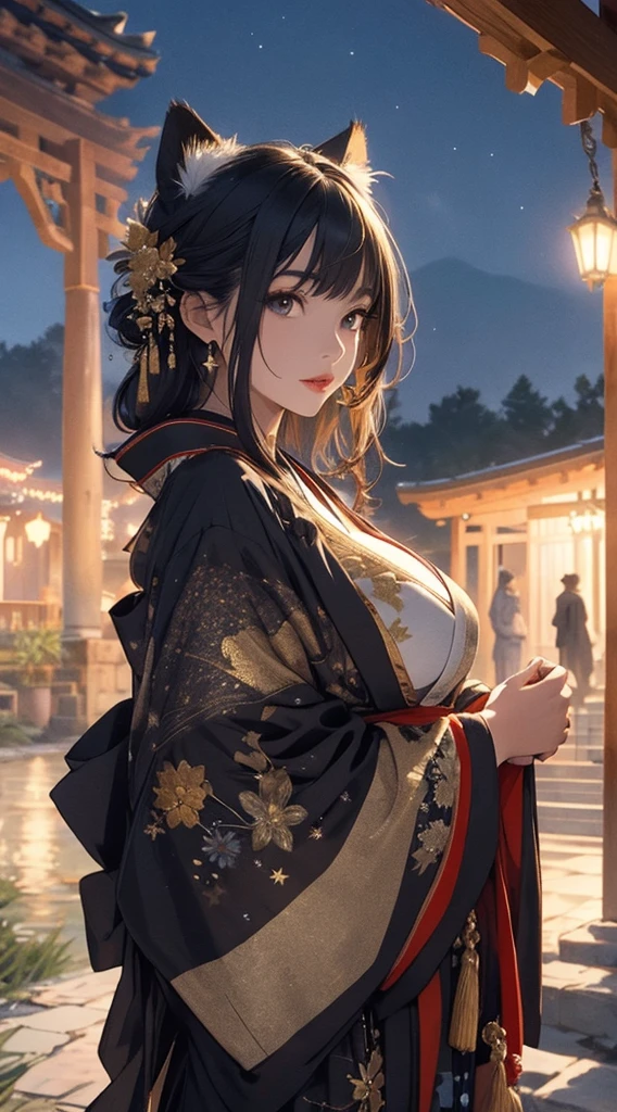 masterpiece, high quality, 4K, Beautiful design, Shiny, from the front, Award-winning photo, Very detailed, wonderful, Finer details,  Very knowledgeable woman, Very detailed  一人で, 1 female,Cat ear，  Shiny, Big Breasts，Big Breasts，Big Breasts，kimono，kimono，, Abdomen is visible ,  Night view，Garden at Night，Starry Sky，full moon，Gold embroidery,  