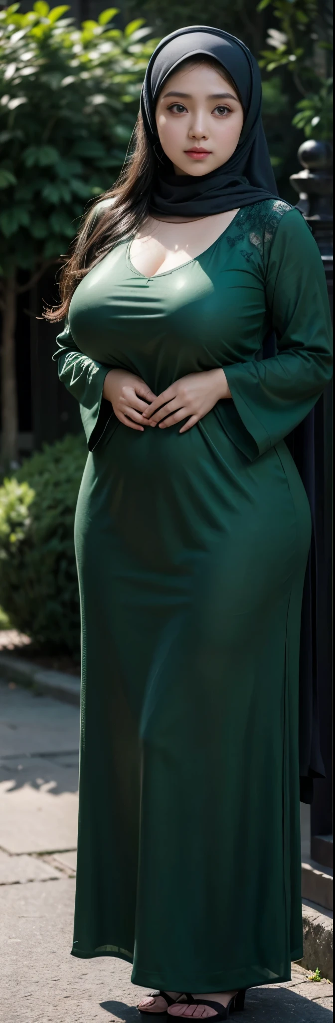 1 malay girl, modern plain hijab, shy, medium portrait, watery eyes, wearing dark green kebaya, ((big breasts)), black bokeh background, well-proportioned body,, chubby massive thighs, full body pose, Hena art on the body, hena art on full body, slightly fat body , voluptuous body , curvy body 