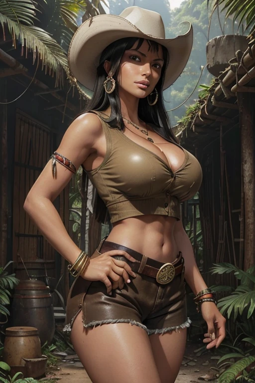 (masterpiece), best quality, expressive eyes, perfect face, Nico Robin in Jungle ruins, (Deep Jungle Ruins background), (standing), (smirk), (closeup view), (1girl, Nico Robin face, dark skin, tanned skin, tan, black hair, bangs hairstyle, brown eyes, hourglass figure, thick body, curvy body, large breasts, huge breasts, oppai, large cleavage, wide hips, big butt, large butt, thick thighs, (tight fit clothes, beige button shirt, rolled-up sleeves, croptop, exposed cleavage, brown leather shorts, cowboy boots, brown cowboy hat, tribal jewelry, tribal armlets, tribal earings, tribal necklace, tribal bracelets, hip belt, thigh satchel), 